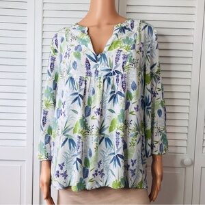 ANNE CARSON White V-Neck Floral Blouse Size Large
